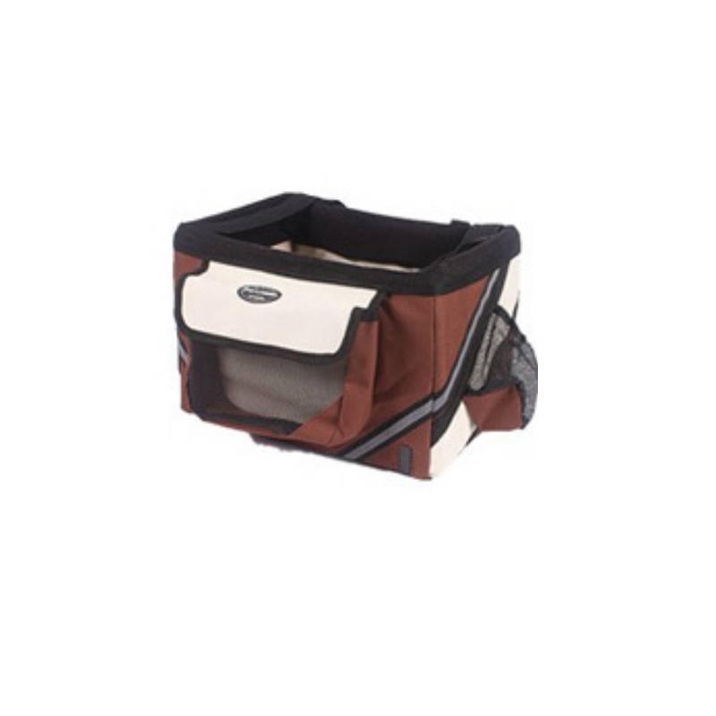 Pet carrier with brown, black, and beige colors on a white background