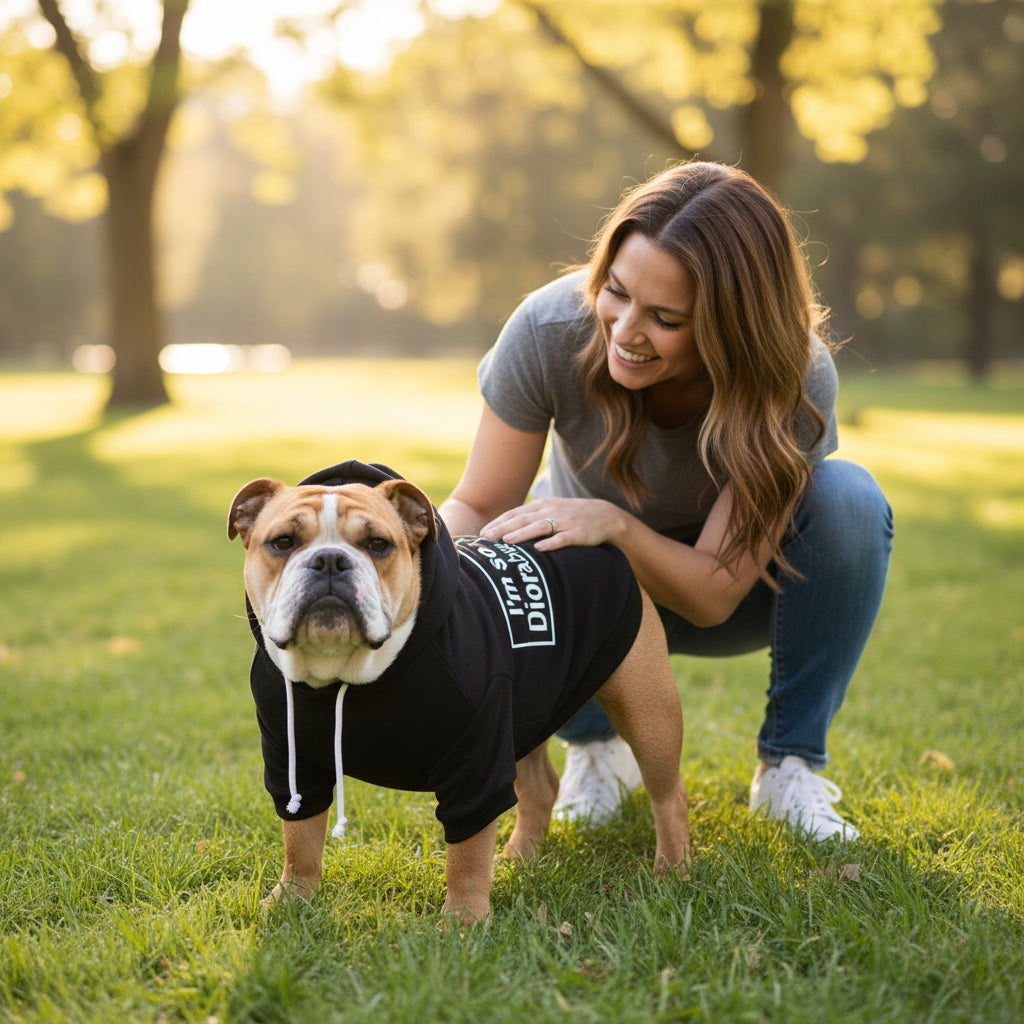 bull dog in Black hoodie with 'I'm so Diorable' text outside with mom
