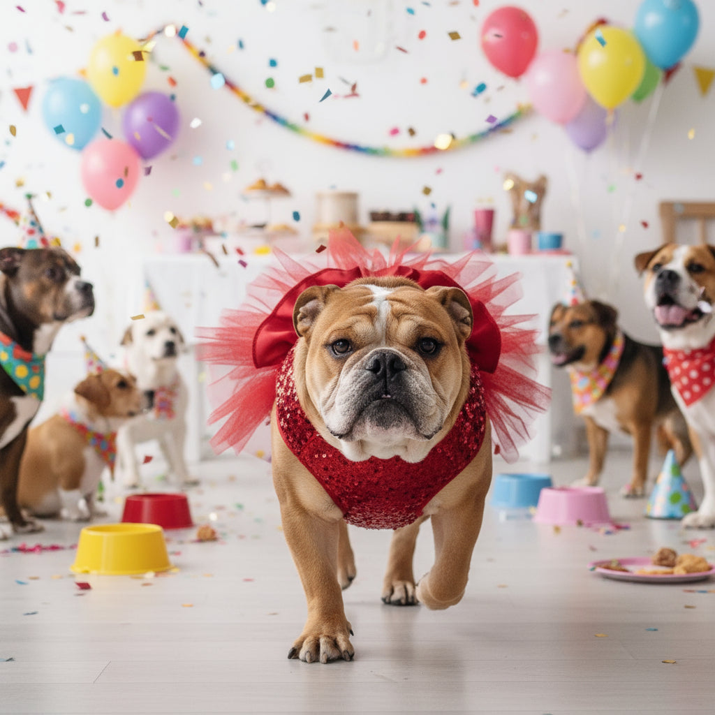 bulldog in Red Princess Pet Skirt at a dog party