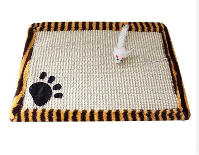 Cat scratch pad with striped border and toy mouse on a white background