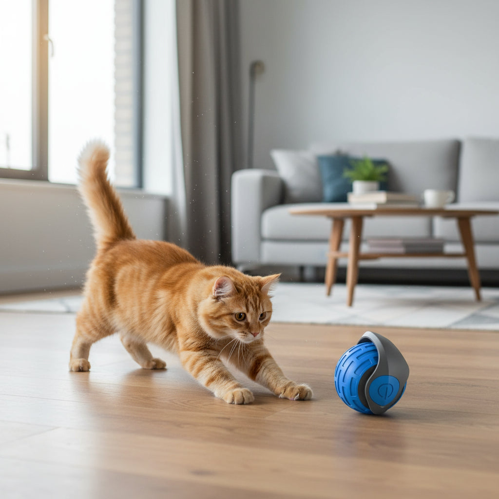 cat playing with blue rolling ball