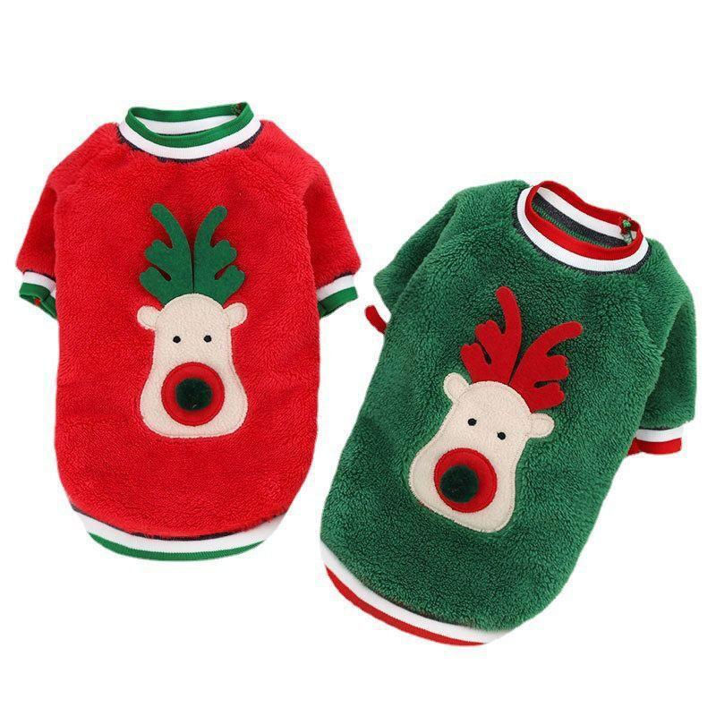 2 Cozy Christmas reindeer Pet Sweaters With Velvet Print in red and green