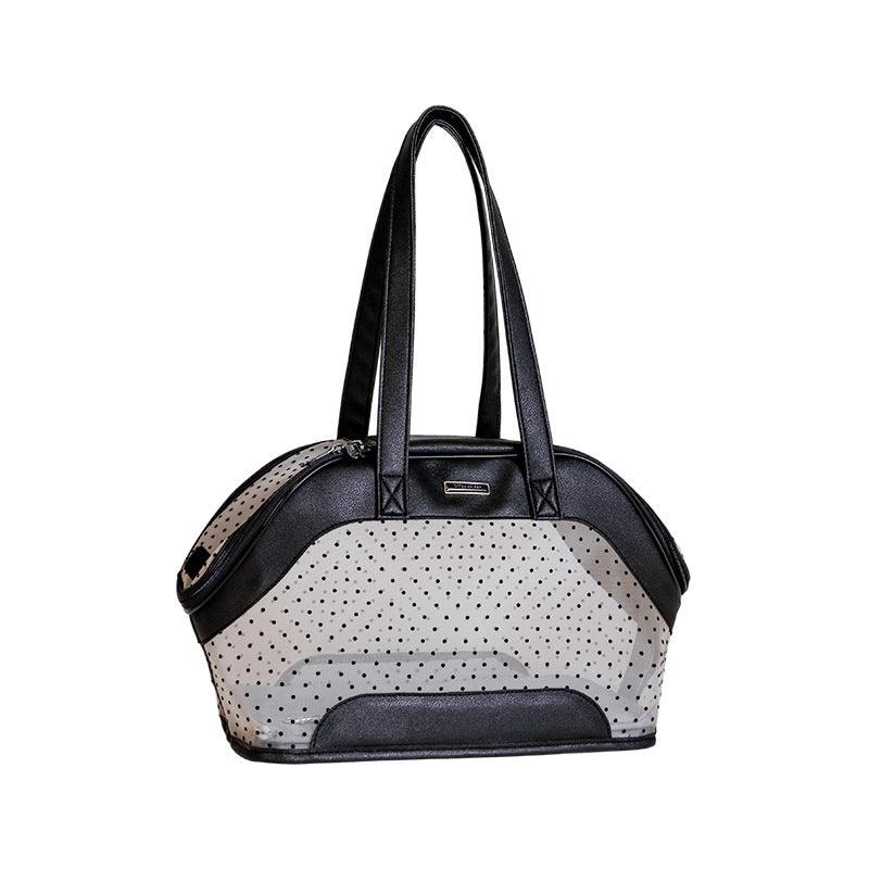 Black and gray handbag with polka dot mesh pattern on a white background