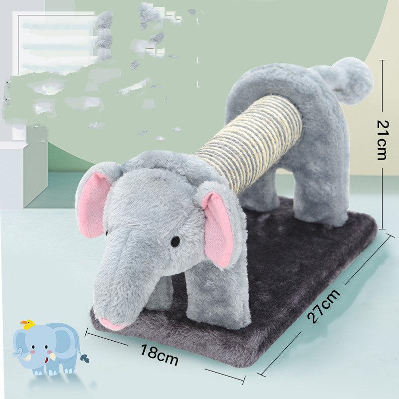 Plush elephant toy with a spiral tube inside, shown with dimensions on a light green background.