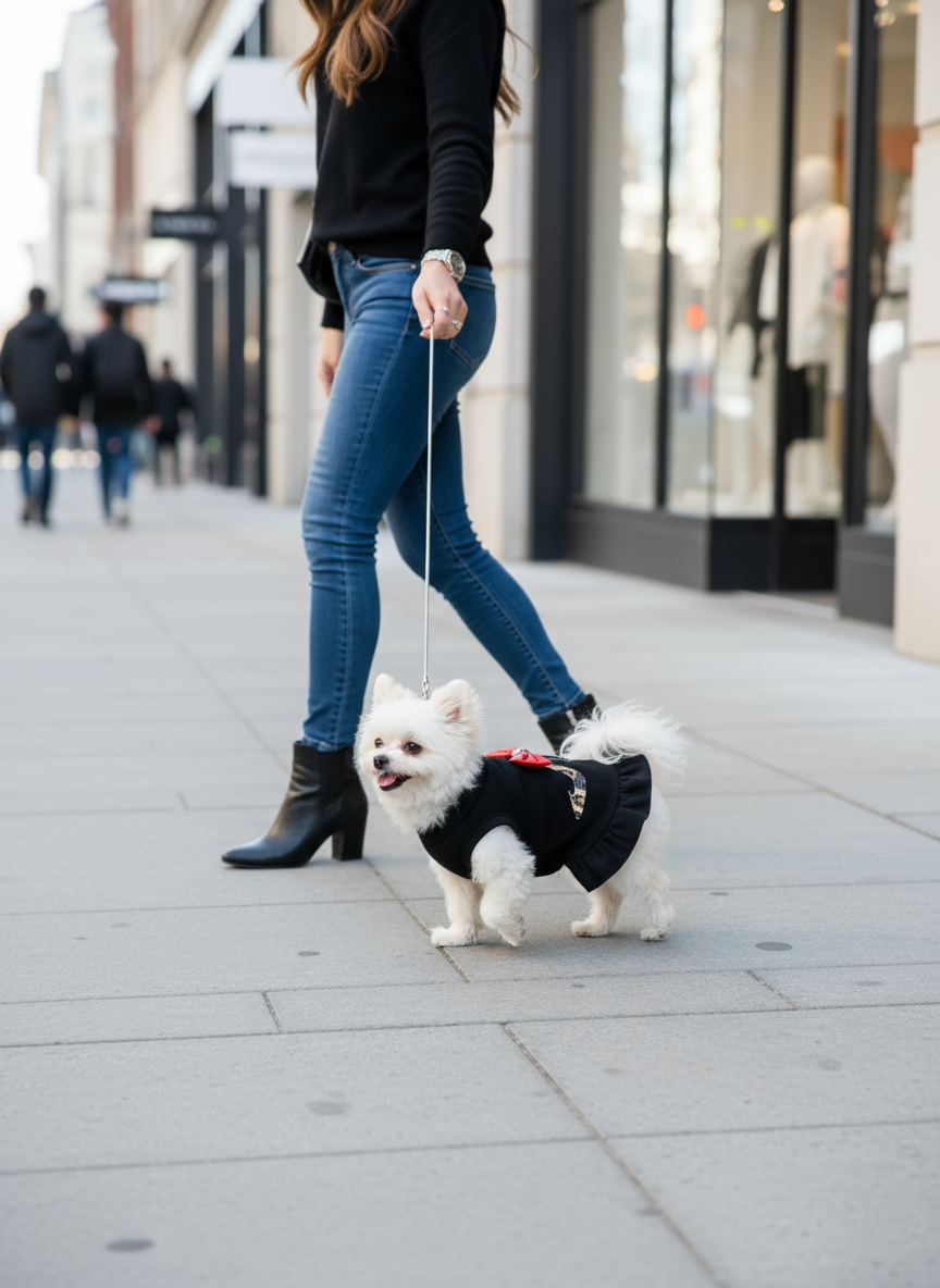 white dog walking down the street wearing black dress with red bow