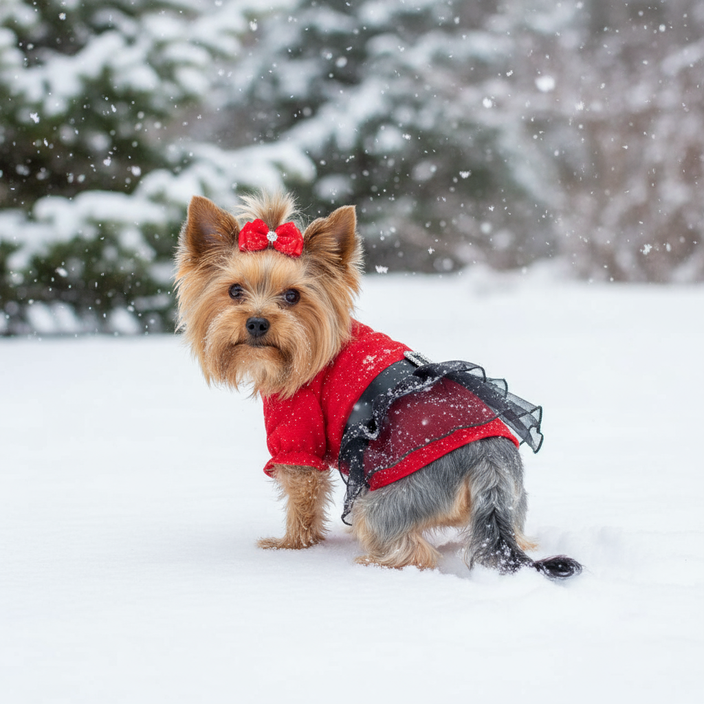 dog in red holiday dress in the snow