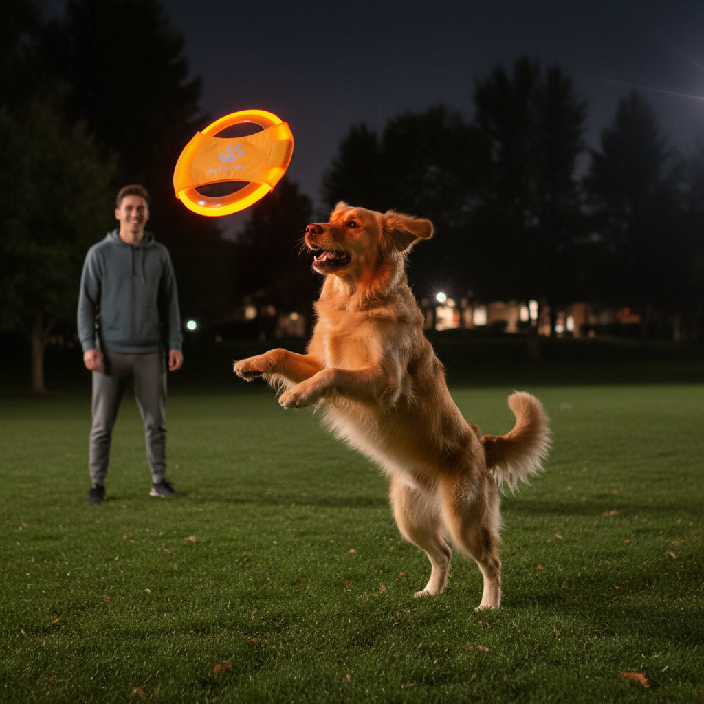 dog  outside playing with owner and Orange glow in the dark dog disc
