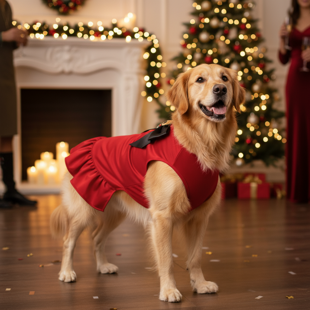 golden retriever wearing red party dress with black bow