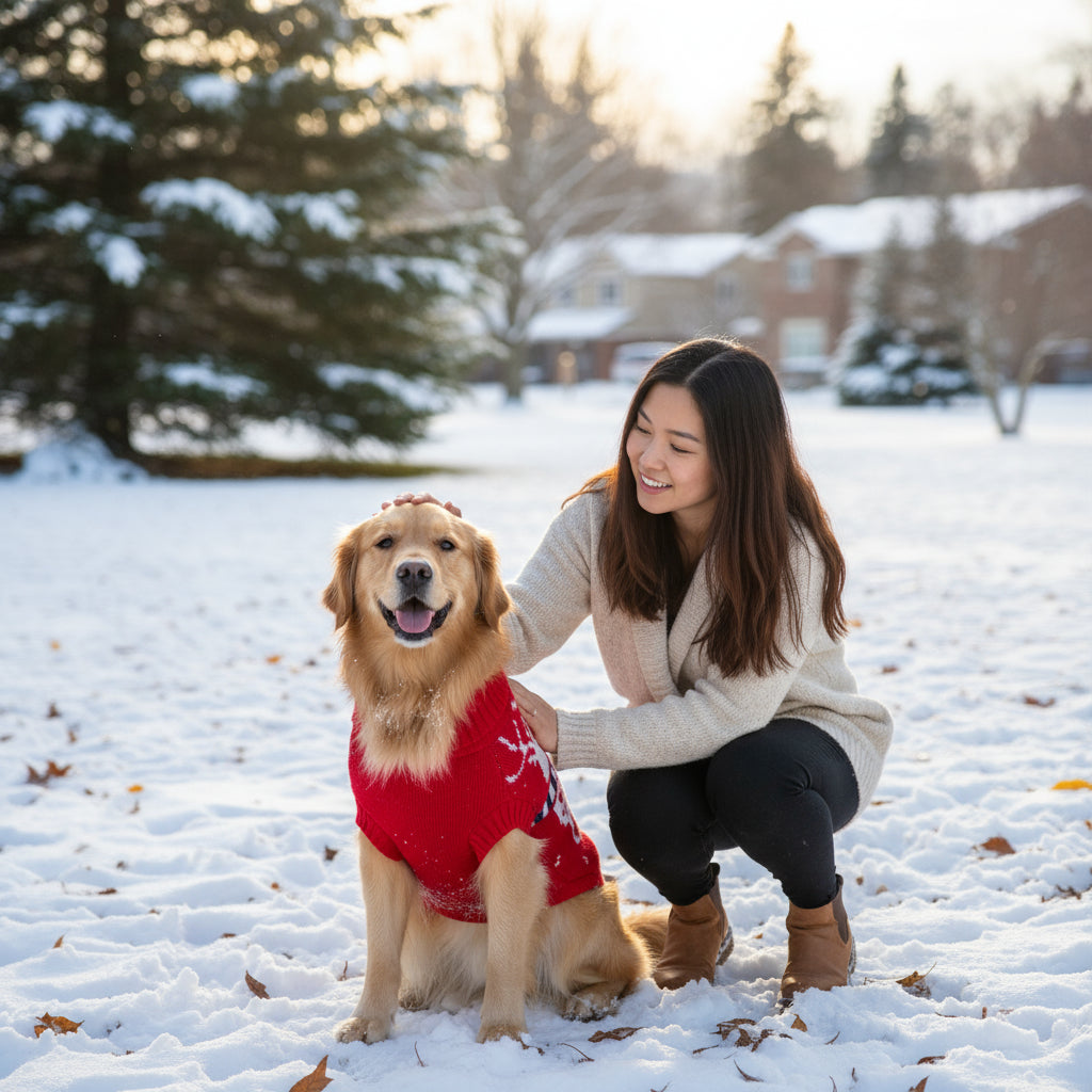  dog in Cozy Christmas Pet Sweater outside with mom