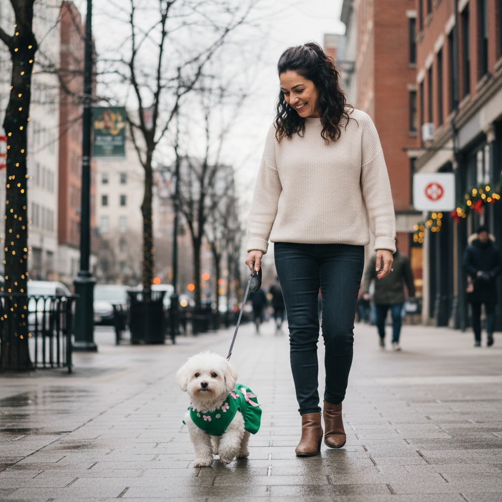 Woman walking a small white dog on a leash in an urban setting