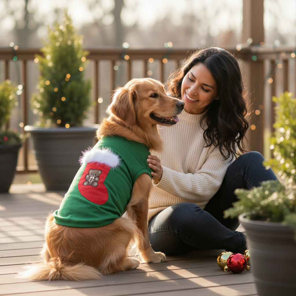 Dog in Green dog shirt with a Christmas stocking design featuring a teddy bear, sitting outside with mom