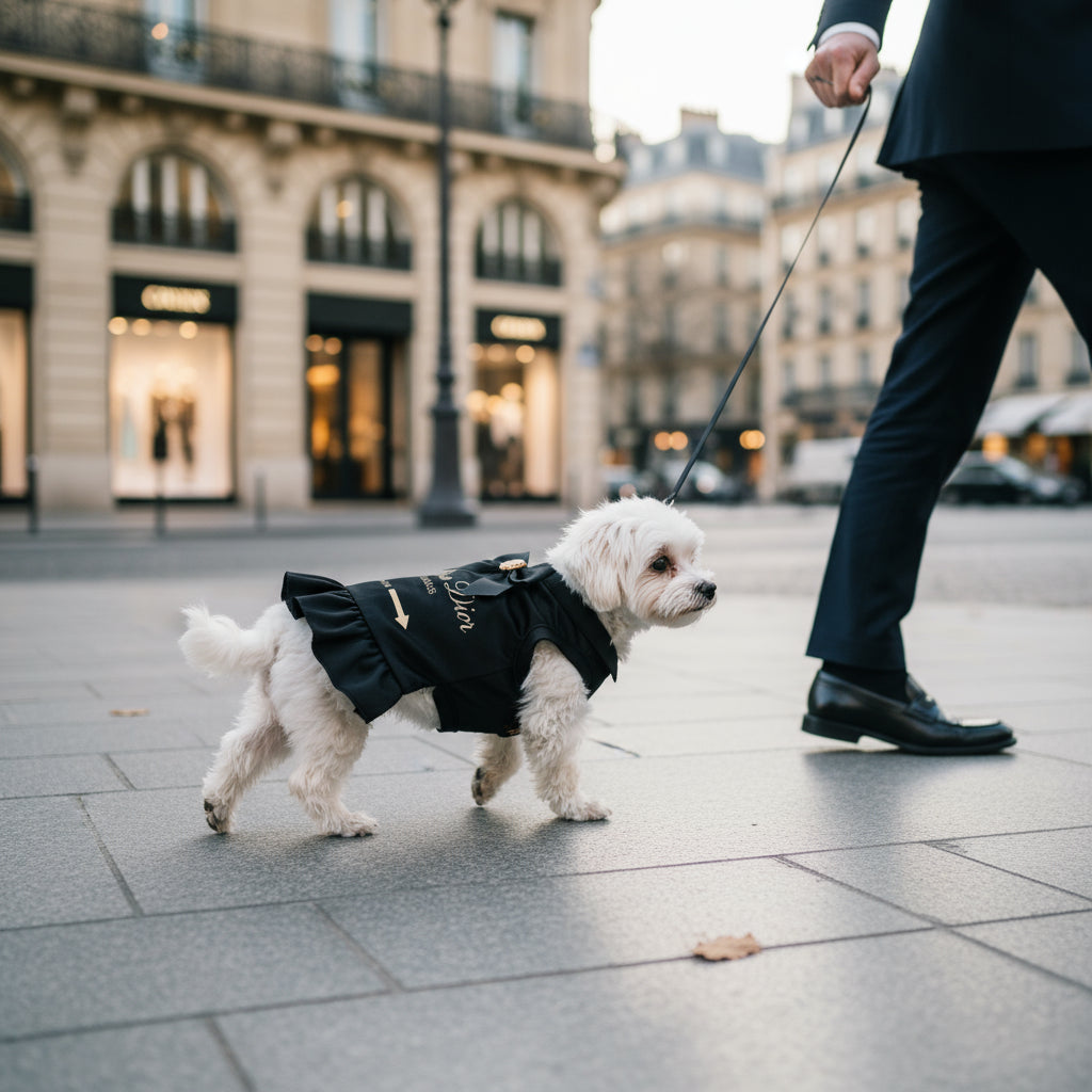 white dog in Black miss dior dog dress walking with man in the city