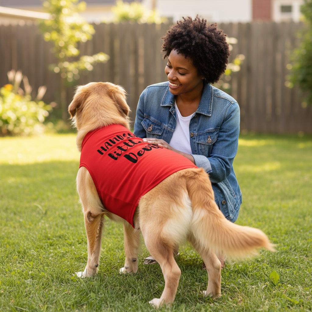 brown dog in Red pet shirt with 'Handsome little Devil' text outside with mom