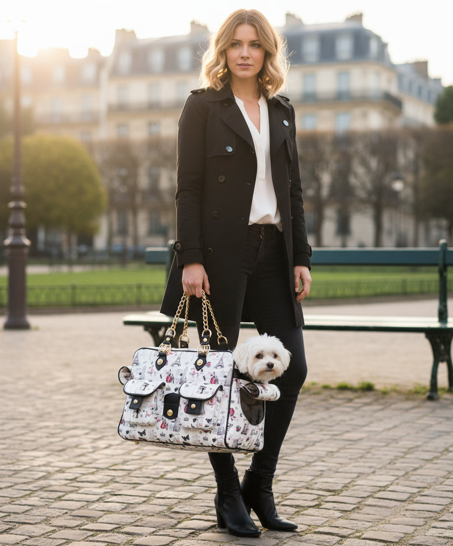 woman outside with dog in Paris-themed design pet carrier 