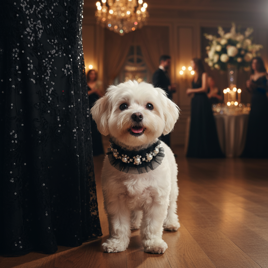 white dog in pearl and black collar at a party