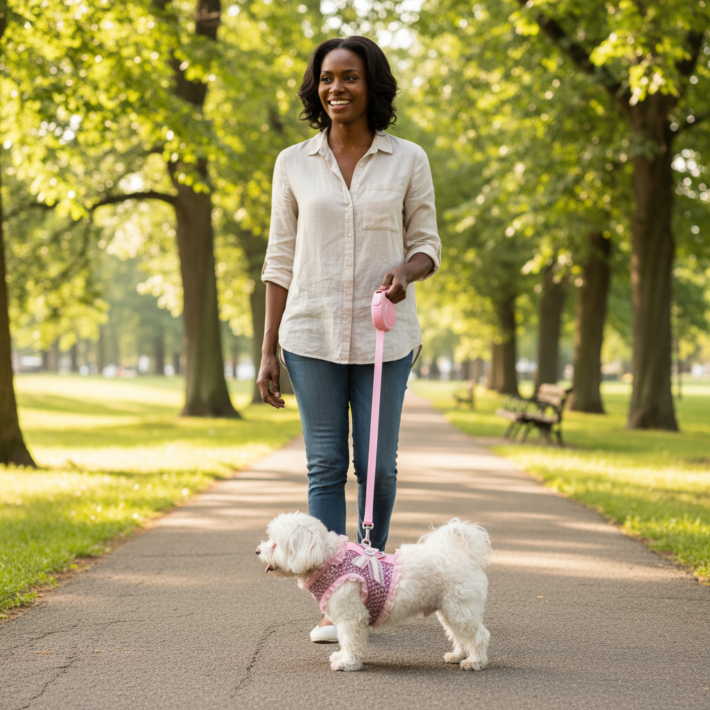 white dog in pink harness outside with mom