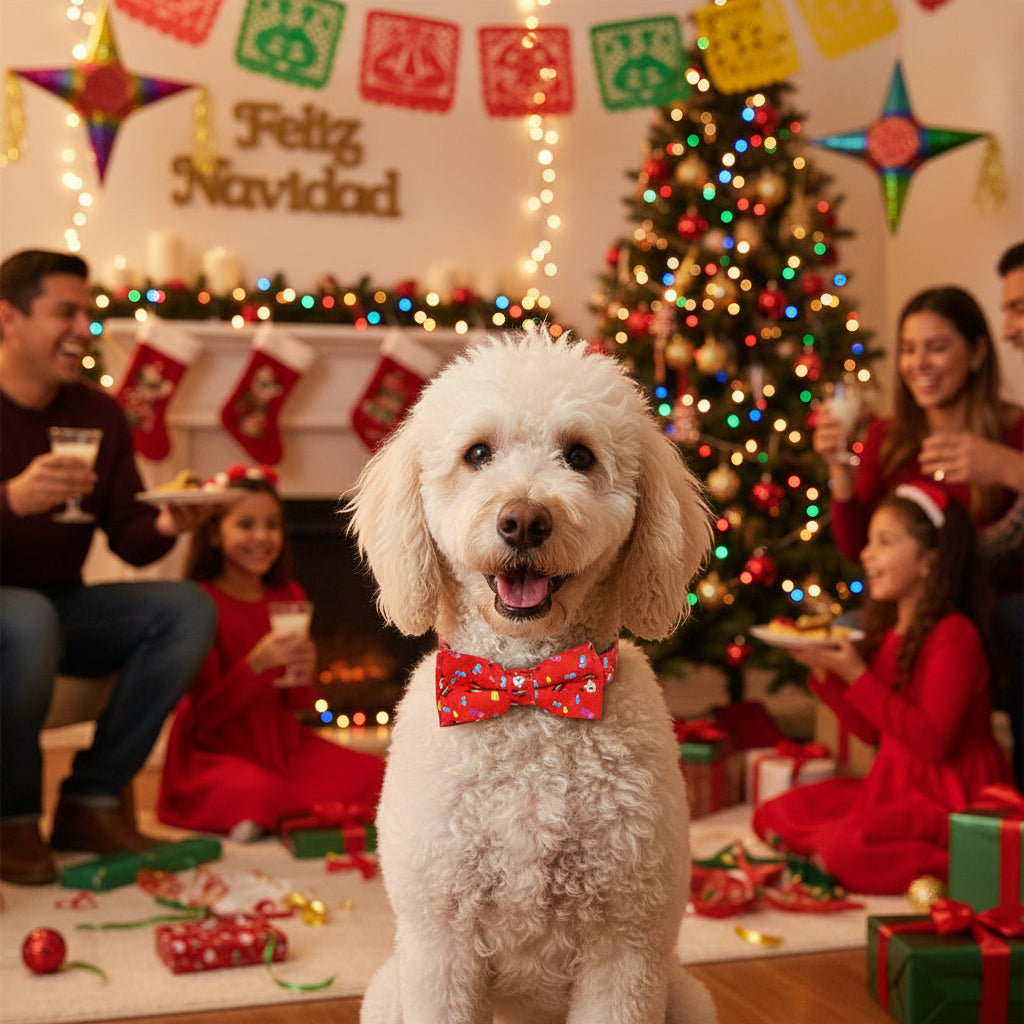 tan poodle in Red Festive Holiday Pet Bow Collar with santa motif with family