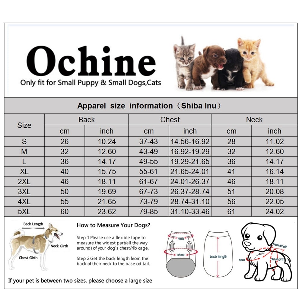 ochine dog size chart