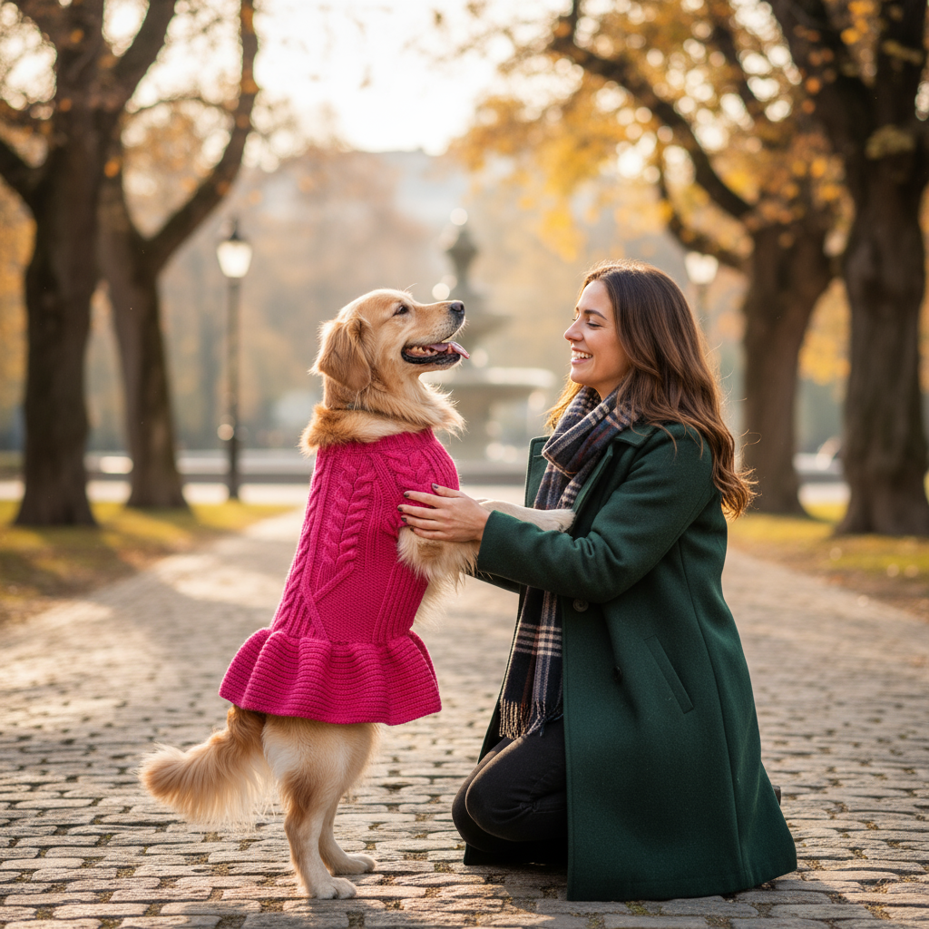 golden retriever outside with mom in green coat