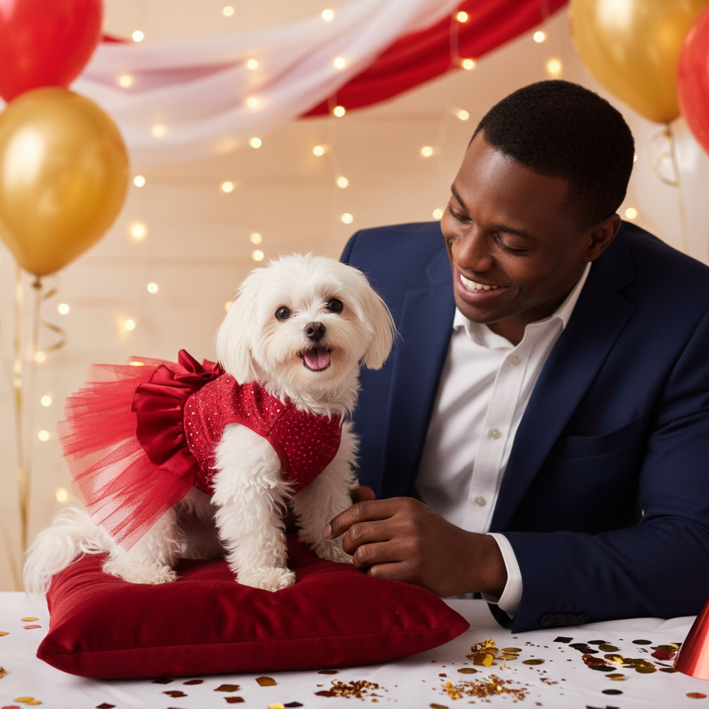man and white dog in red party dress