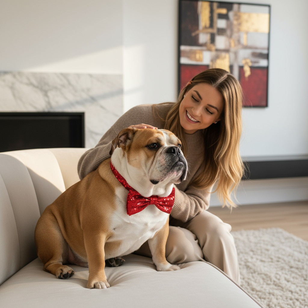 woman sitting on sofa with bulldog wearing red sequin bowtie