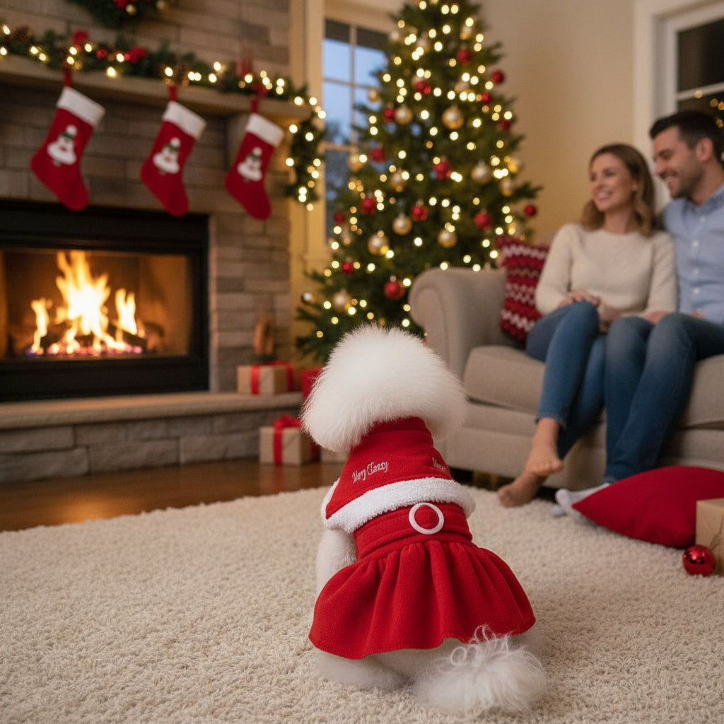 Dog sitting in livingroom with family in a Festive And Chic Holiday Pet dress