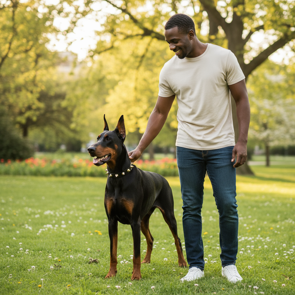 man outside with doberman in spiked collar