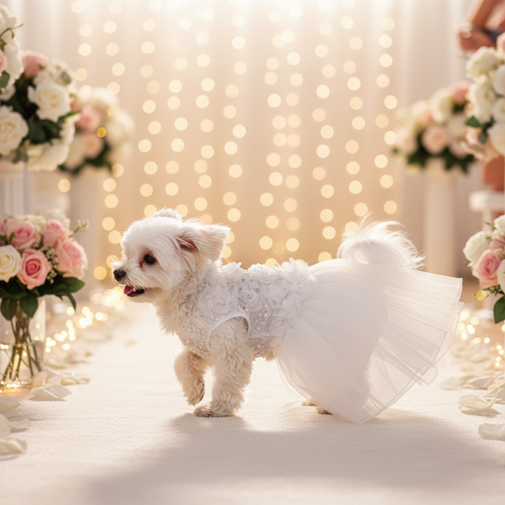 white dog in wedding dress at a wedding