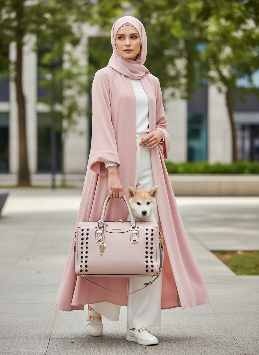 muslim woman in hijab carrying a dog in a pet carrier outside