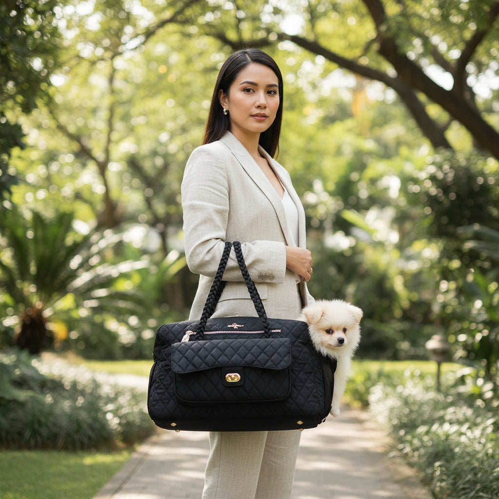woman outside with dog in Black quilted pet carrier